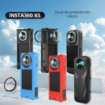 Carcasă de protecție din silicon pentru Insta360 X5, rezistentă la căderi; include protecție pentru obiectiv și curea de mână; imprimare logo disponibil; trei garanții post-vânzare