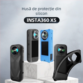 Carcasă de protecție din silicon pentru Insta360 X5, rezistentă la căderi; include protecție pentru obiectiv și curea de mână; imprimare logo disponibil; trei garanții post-vânzare