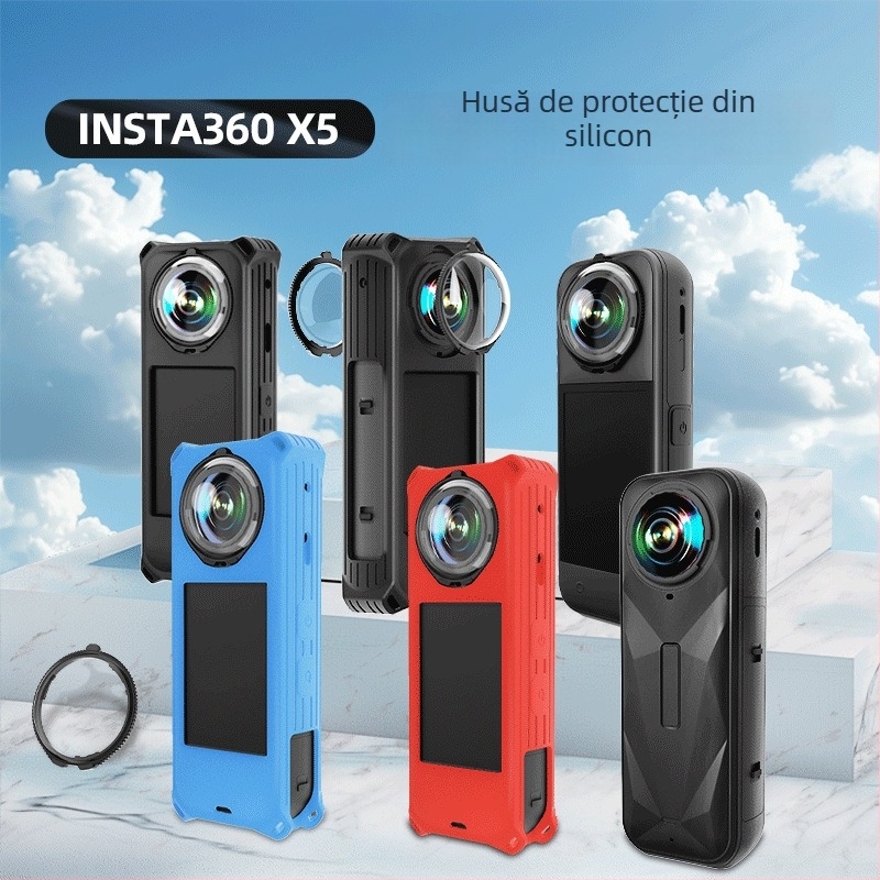 Carcasă de protecție din silicon pentru Insta360 X5, rezistentă la căderi; include protecție pentru obiectiv și curea de mână; imprimare logo disponibil; trei garanții post-vânzare