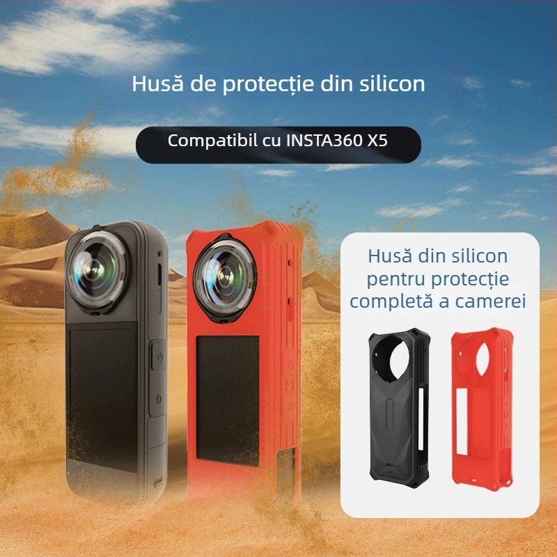 Carcasă de protecție din silicon pentru Insta360 X5, rezistentă la căderi; include protecție pentru obiectiv și curea de mână; imprimare logo disponibil; trei garanții post-vânzare