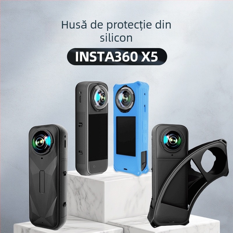 Carcasă de protecție din silicon pentru Insta360 X5, rezistentă la căderi; include protecție pentru obiectiv și curea de mână; imprimare logo disponibil; trei garanții post-vânzare