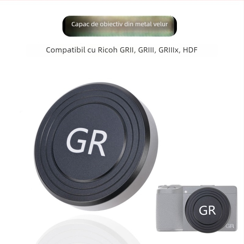 Capac de obiectiv metalic, cu finisaj catifelat, compatibil Ricoh GR II, GR III, GR IIIx și HDF cameră; material: aliaj de aluminiu