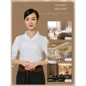 Uniformă feminină pentru tehnicieni de masaj la picioare în spa – material poliester/elastan cu evacuare a umezelii, top cu mâneci 3/4 și guler semi-deschis, pantaloni capri