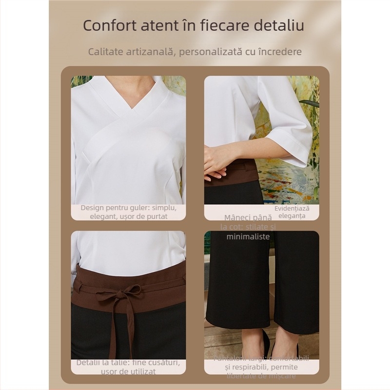Uniformă feminină pentru tehnicieni de masaj la picioare în spa – material poliester/elastan cu evacuare a umezelii, top cu mâneci 3/4 și guler semi-deschis, pantaloni capri