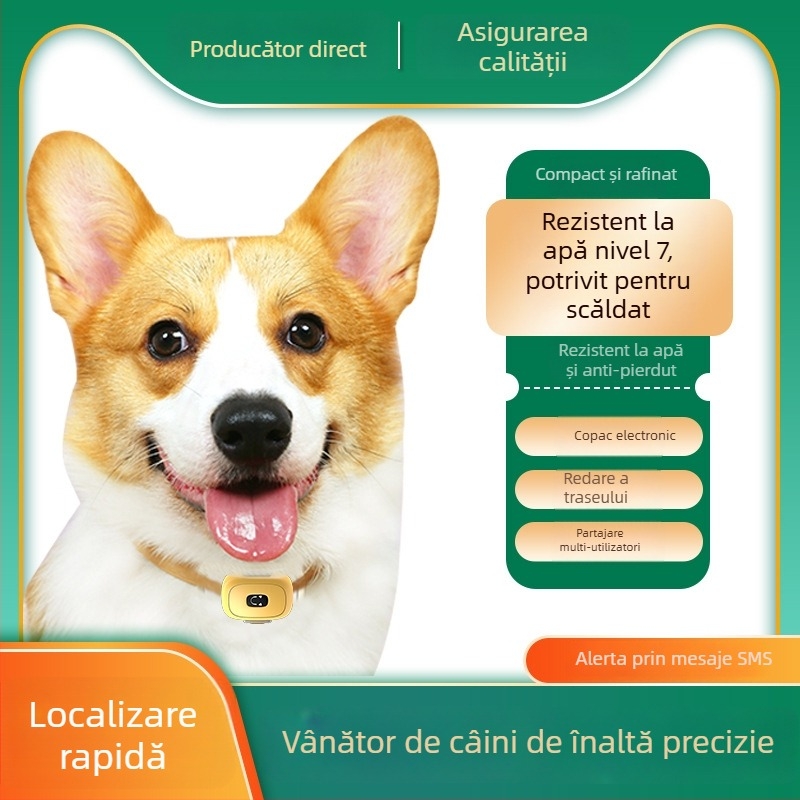 Locizator GPS pentru animale de companie, impermeabil Level 7, pentru câini și pisici, model YC-G1, 128MB memorie, precizie GPS ~2 m, alarme: vibrație, întrerupere alimentare, SOS, geofence