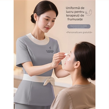 Set unisex de uniformă pentru salon de înfrumusețare/spa – material care elimină umezeala poliester-viscoză (80–90% poliester, <30% viscoză), pantaloni cu lungimea 5/4, mâneci lungi, guler cu rever, primăvara 2025
