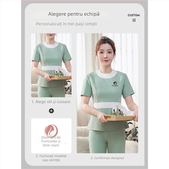 Set unisex de uniformă pentru salon de înfrumusețare/spa – material care elimină umezeala poliester-viscoză (80–90% poliester, <30% viscoză), pantaloni cu lungimea 5/4, mâneci lungi, guler cu rever, primăvara 2025