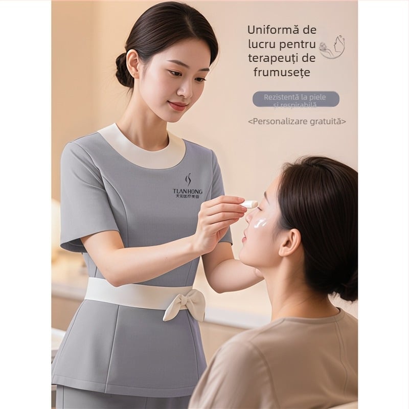 Set unisex de uniformă pentru salon de înfrumusețare/spa – material care elimină umezeala poliester-viscoză (80–90% poliester, <30% viscoză), pantaloni cu lungimea 5/4, mâneci lungi, guler cu rever, primăvara 2025