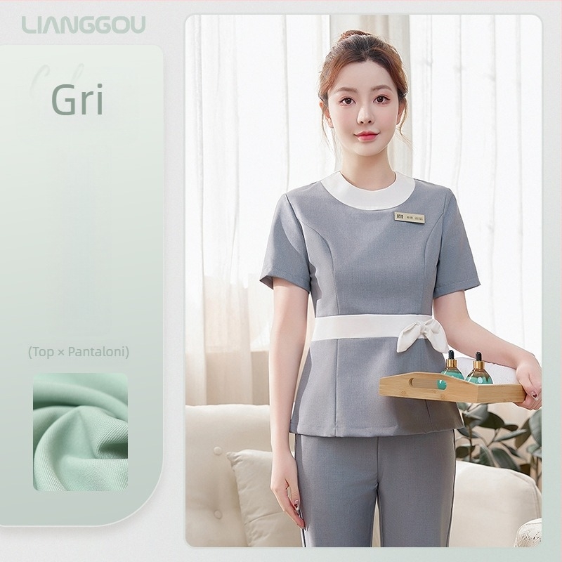 Set unisex de uniformă pentru salon de înfrumusețare/spa – material care elimină umezeala poliester-viscoză (80–90% poliester, <30% viscoză), pantaloni cu lungimea 5/4, mâneci lungi, guler cu rever, primăvara 2025