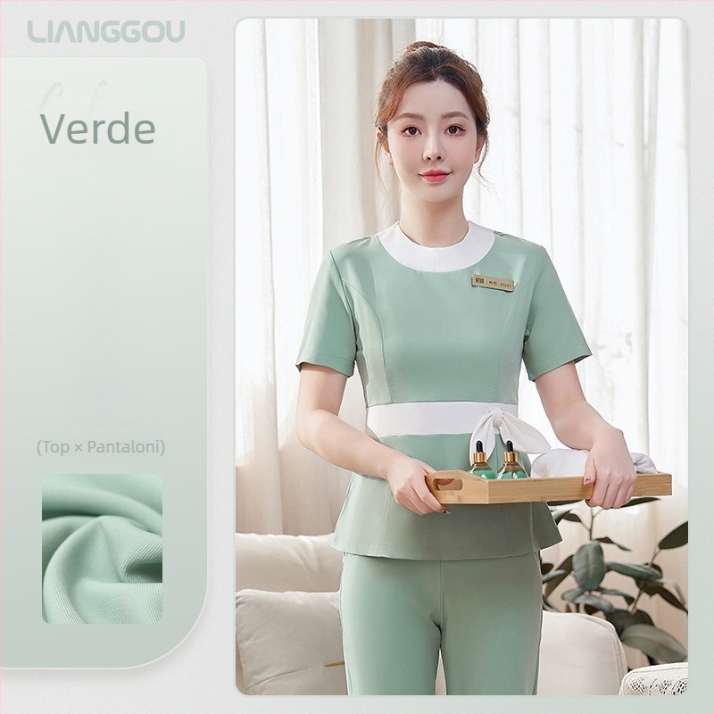 Set unisex de uniformă pentru salon de înfrumusețare/spa – material care elimină umezeala poliester-viscoză (80–90% poliester, <30% viscoză), pantaloni cu lungimea 5/4, mâneci lungi, guler cu rever, primăvara 2025