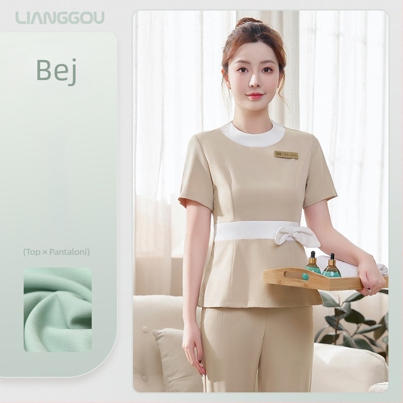 Set unisex de uniformă pentru salon de înfrumusețare/spa – material care elimină umezeala poliester-viscoză (80–90% poliester, <30% viscoză), pantaloni cu lungimea 5/4, mâneci lungi, guler cu rever, primăvara 2025