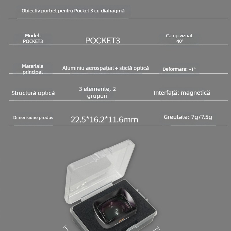 Filtru UV magnetic pentru DJI Pocket 3, cu lentilă ND reglabilă; sticlă optică + corp din aluminiu; Include 2 lentile