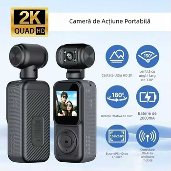 Cameră de acțiune portabilă Q5 cu rotație de 360°, stabilizare, înregistrare HD, slot pentru card de memorie