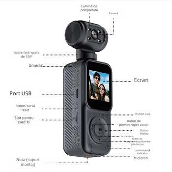 Cameră de acțiune portabilă Q5 cu rotație de 360°, stabilizare, înregistrare HD, slot pentru card de memorie