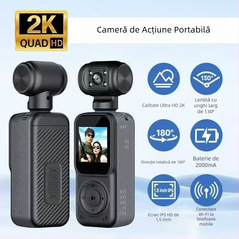 Cameră de acțiune portabilă Q5 cu rotație de 360°, stabilizare, înregistrare HD, slot pentru card de memorie