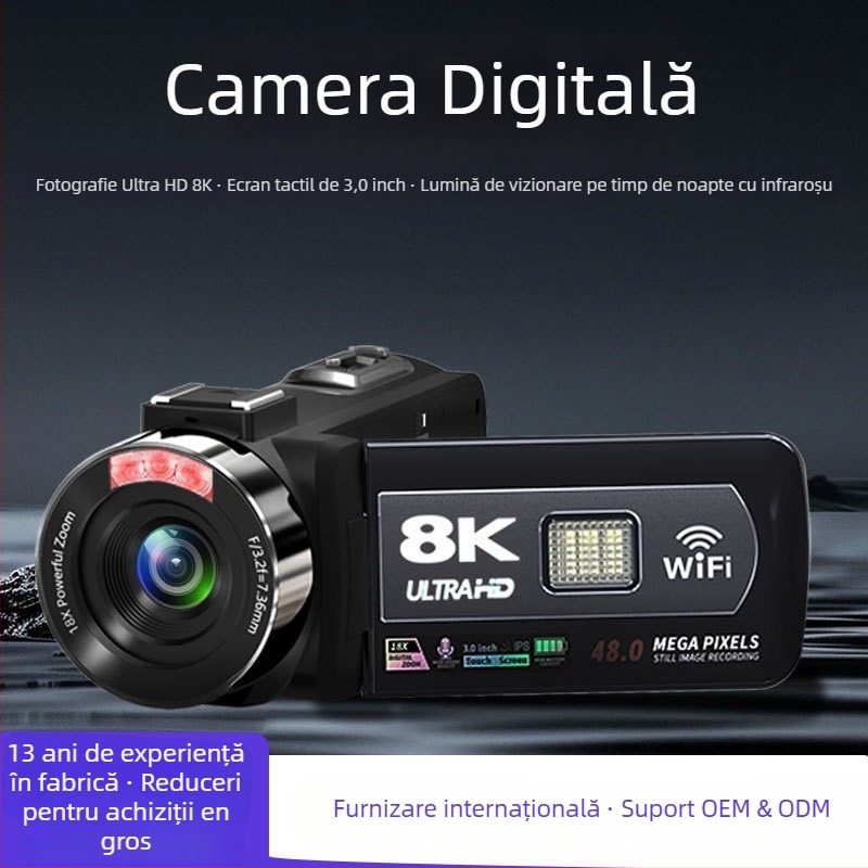 Cameră digitală 8K cu ecran tactil de 3,0 inchi, senzor CMOS, stocare pe card SD și fotografiere nocturnă