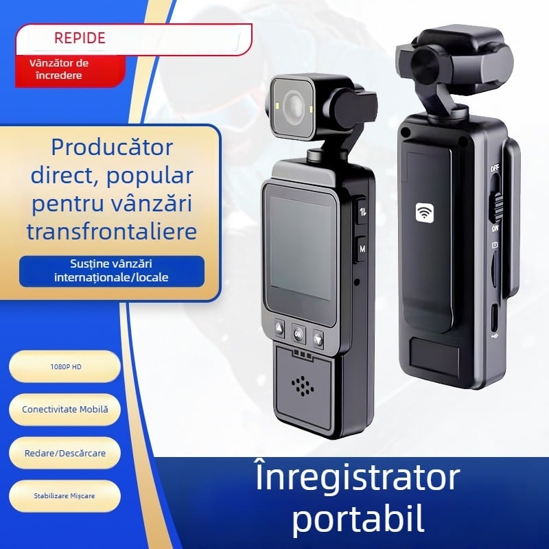 Cameră de acțiune outdoor 1080P cu stabilizare, design portabil, compatibilitate universală