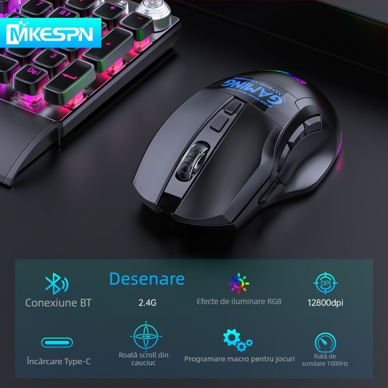 Mouse de gaming cu macro de 9 taste, 2500dpi, fără fir (interfață USB, rază de 10 m)