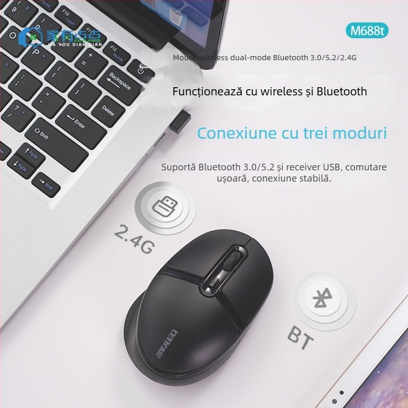 Mouse fără fir M688T – 3 butoane, dual-mod 2.4G și Bluetooth, fără zgomot, plug‑and‑play