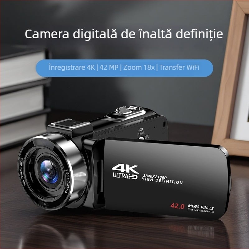 Cameră digitală 4K cu senzor de 42 MP, zoom optic 18x, obiectiv F/2.0 (f=7.62 mm), ecran LCD de 3.0 inch, stabilizare electronică a imaginii