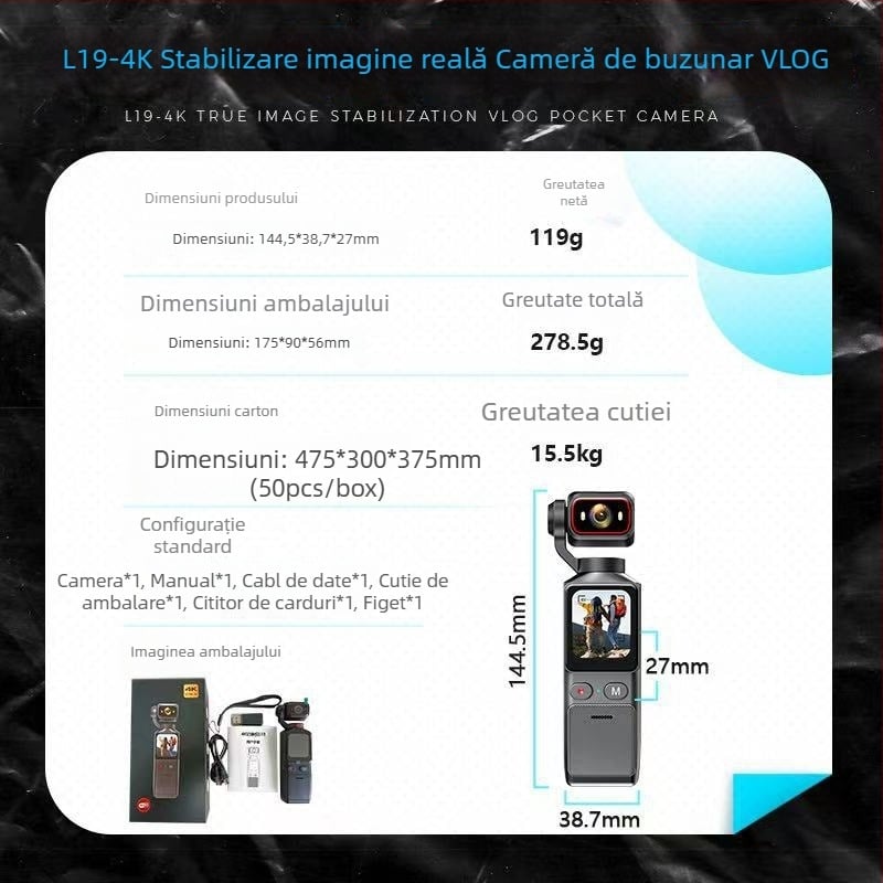 L19 Cameră de acțiune: Anti-Shake, Rezistentă la apă și praf, Cameră sport 4K cu ecran tactil de 1,69 inch și autonomie de 7 ore