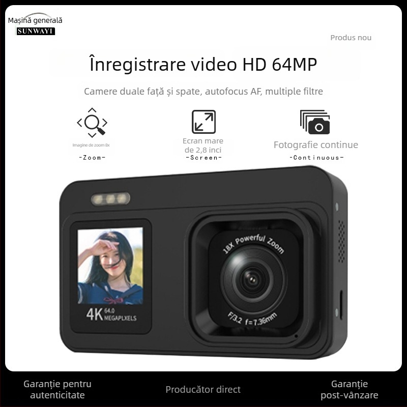 Aparat digital compact pentru începători cu senzor CMOS 64MP, zoom optic 18x, suport 4K, ecran LCD de 2,8 inch, fotografie de noapte