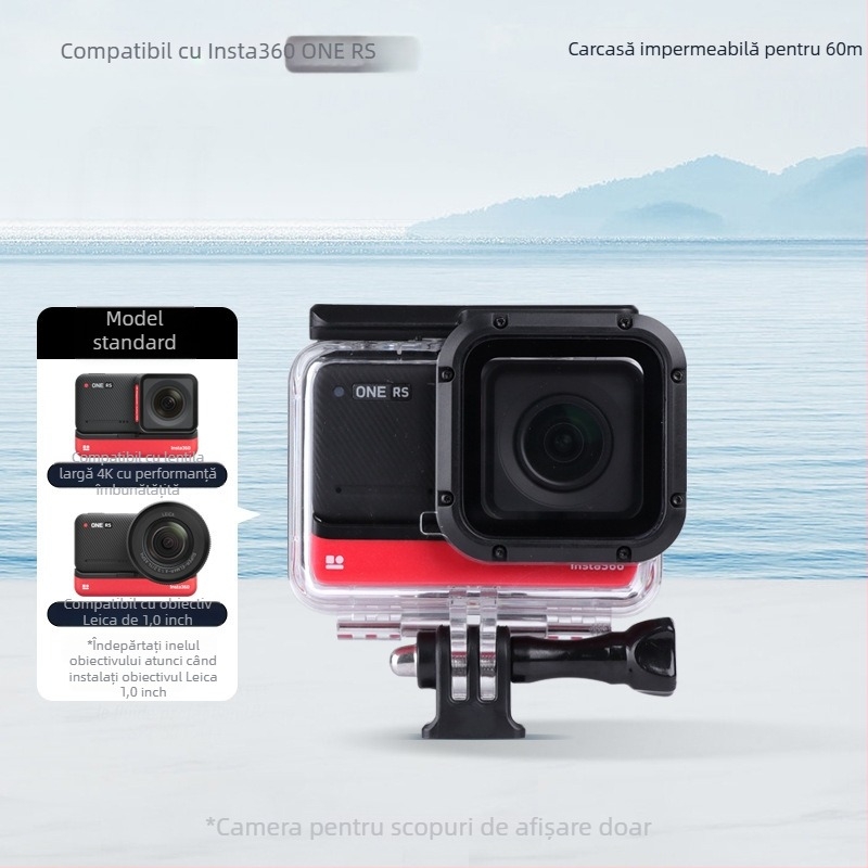 Carcasă etanșă pentru Insta360 One RS 4K – Compatibilă cu Insta360 One RS 4K – Material: PC Bayer 2805 cu transmisie înaltă a luminii – Conținut pachet: carcasă etanșă, bază, șurub
