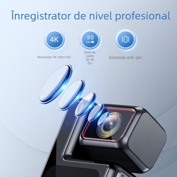 Cameră de acțiune 4K Ultra HD rezistentă la apă, cu giroscop pentru stabilizare, ecran tactil Wi-Fi, obiectiv rotativ