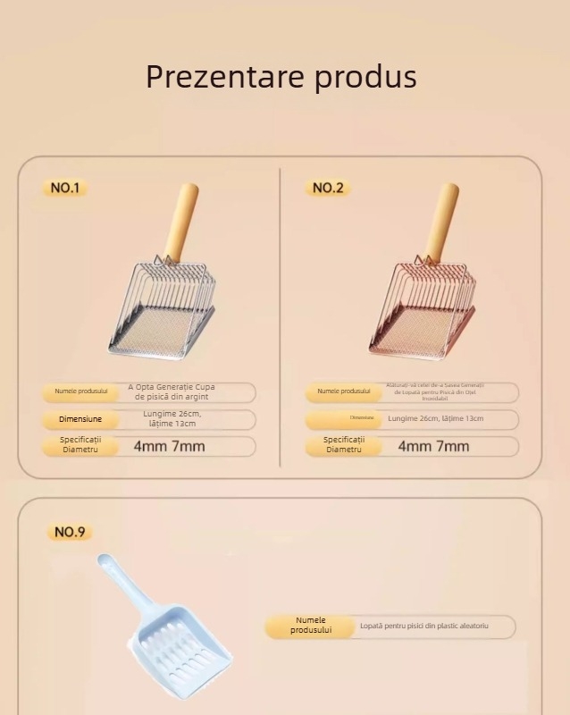 Lingură de nisip pentru pisici 2 în 1; din oțel inoxidabil; găuri fine; instrument cu funcție dublă