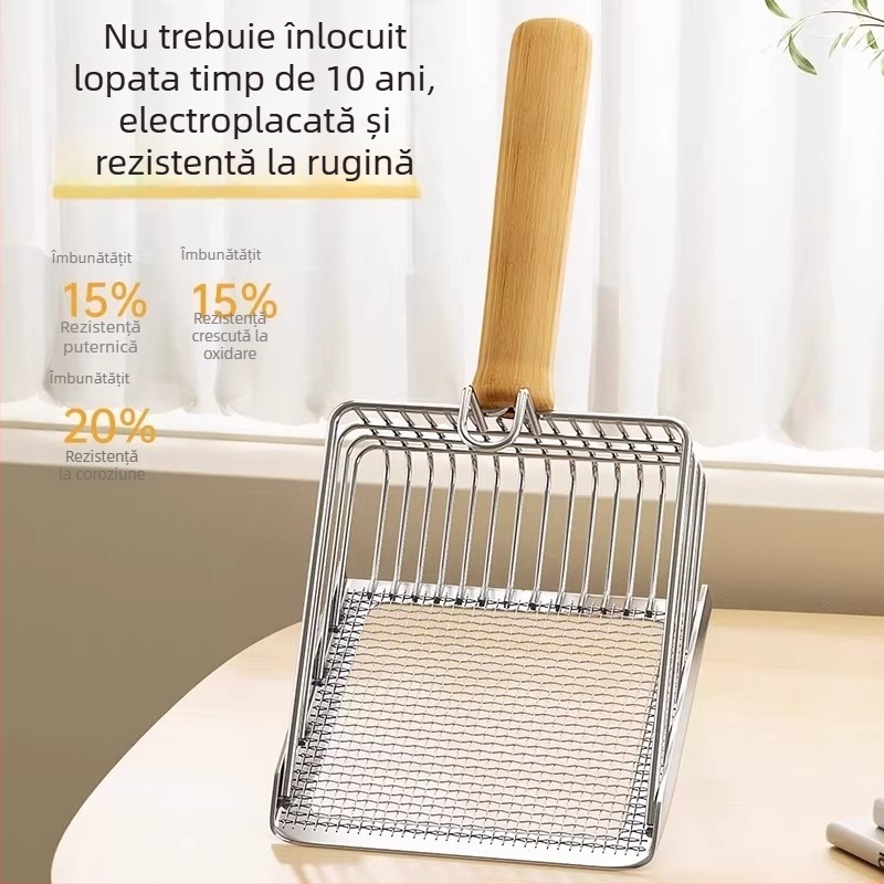 Lingură de nisip pentru pisici 2 în 1; din oțel inoxidabil; găuri fine; instrument cu funcție dublă