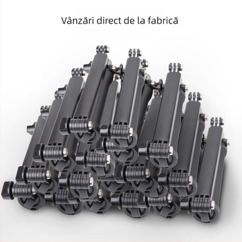 Selfie stick pliabil în trei secțiuni cu reglaj în trei direcții, compatibil universal cu camerele de acțiune; construcție din plastic