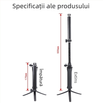 Selfie stick pliabil în trei secțiuni cu reglaj în trei direcții, compatibil universal cu camerele de acțiune; construcție din plastic