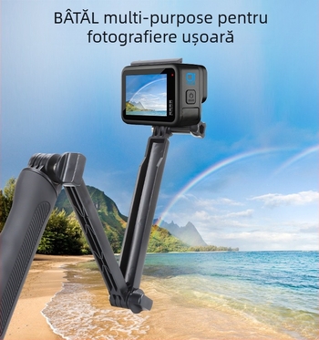 Selfie stick pliabil în trei secțiuni cu reglaj în trei direcții, compatibil universal cu camerele de acțiune; construcție din plastic