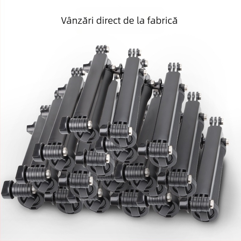 Selfie stick pliabil în trei secțiuni cu reglaj în trei direcții, compatibil universal cu camerele de acțiune; construcție din plastic