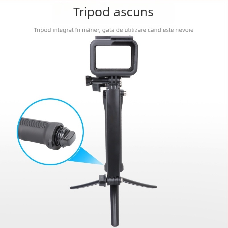 Selfie stick pliabil în trei secțiuni cu reglaj în trei direcții, compatibil universal cu camerele de acțiune; construcție din plastic