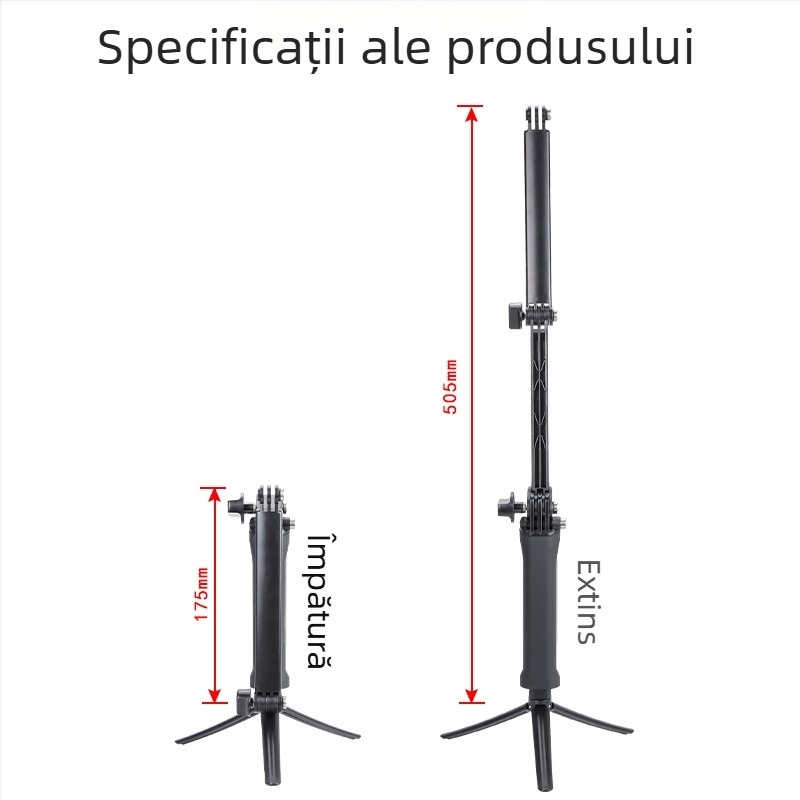 Selfie stick pliabil în trei secțiuni cu reglaj în trei direcții, compatibil universal cu camerele de acțiune; construcție din plastic