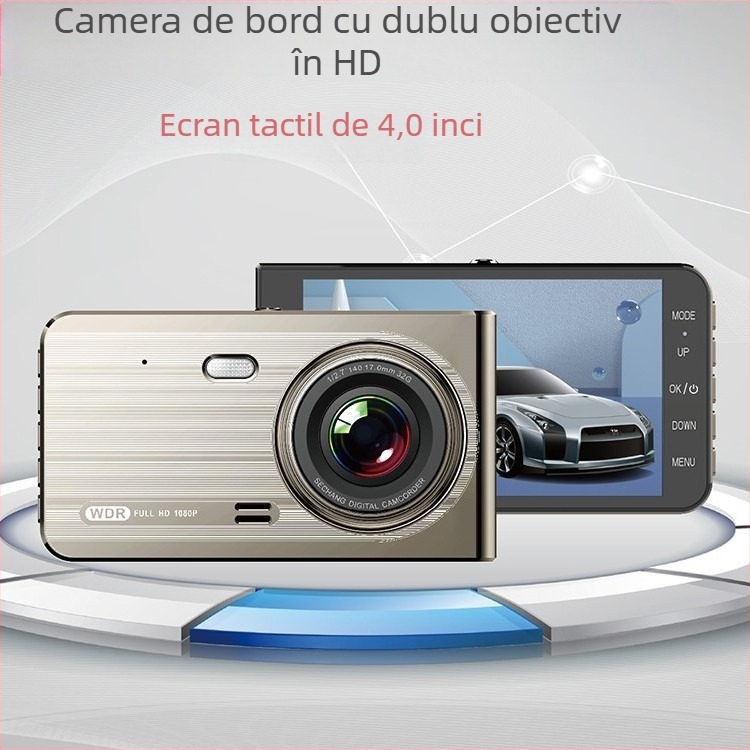 Camera auto cu dublu obiectiv 1080p, Wi‑Fi, touchscreen, înregistrare față-spate, unghi 170°