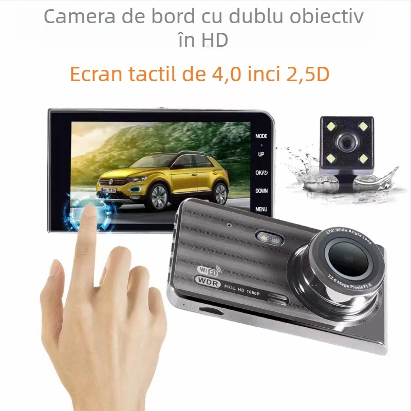 Camera auto cu dublu obiectiv 1080p, Wi‑Fi, touchscreen, înregistrare față-spate, unghi 170°