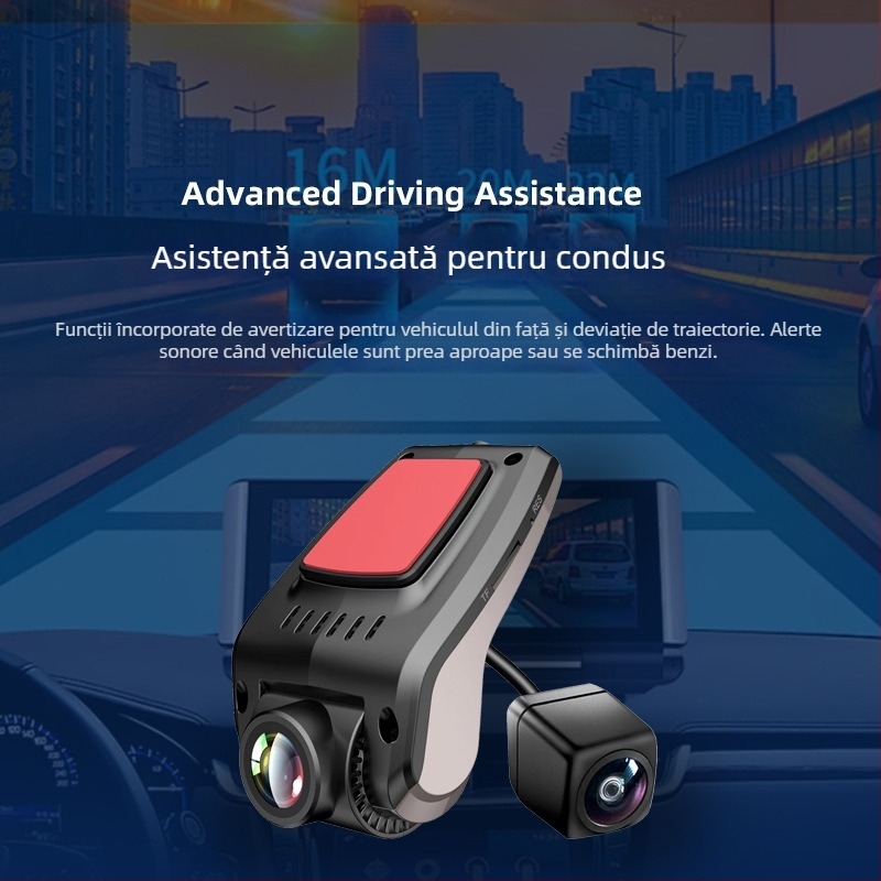 Videoregistrator auto cu cameră dublă față-spate, navigație GPS, 1080p, unghi de filmare 170°, diafragmă F1.5
