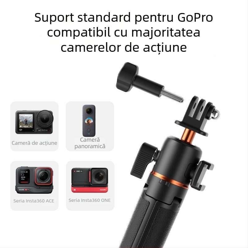 Trepied universal pentru camere sportive – Vrig TP-08S, aliaj de aluminiu + ABS, Include conector de bază și șurub