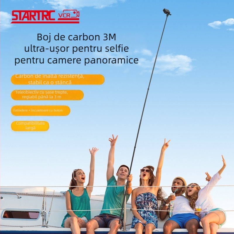 Selfie stick din fibră de carbon pentru Insta360 X5, GoPro, DJI Action; 7 secțiuni, ultra-ușor; Model ST-15020030; încărcare maximă până la 2 kg