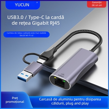 Adaptor USB la Ethernet cu RJ-45, interfață USB, viteze 10/100/1000 Mbps, Gigabit Ethernet, LED indicator