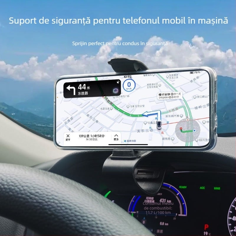 Suport HUD pentru bordul mașinii cu suport de telefon rotativ și navigare - compatibil universal - montaj Snap-on
