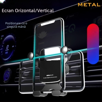 Suport auto pentru telefon cu mecanism gravitațional, montaj pe ventilația mașinii, compatibil cu orientare orizontală și verticală a ecranului, design pliabil