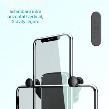 Suport auto pentru telefon cu mecanism gravitațional, montaj pe ventilația mașinii, compatibil cu orientare orizontală și verticală a ecranului, design pliabil