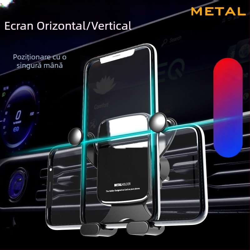 Suport auto pentru telefon cu mecanism gravitațional, montaj pe ventilația mașinii, compatibil cu orientare orizontală și verticală a ecranului, design pliabil