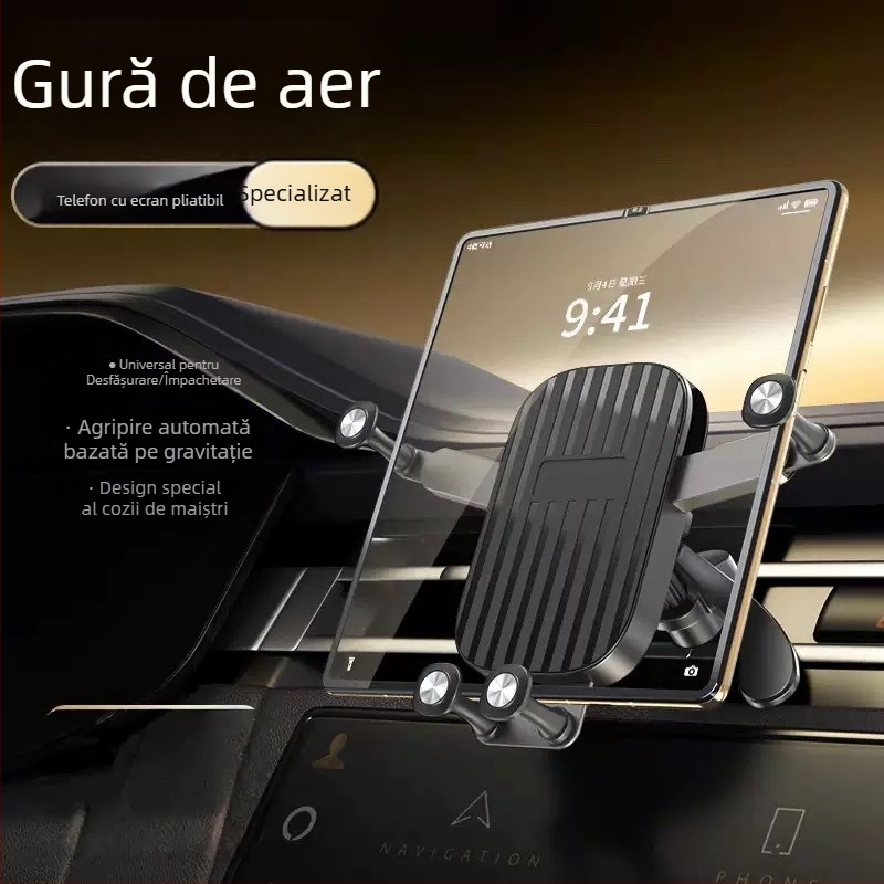 Suport auto pentru telefon cu mecanism gravitațional, montaj pe ventilația mașinii, compatibil cu orientare orizontală și verticală a ecranului, design pliabil