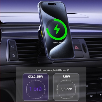 Suport auto Qi2 încărcător wireless, 15W max, intrare Type-C 5V-3A/9V-3A/12V-2.5A, aliaj de aluminiu