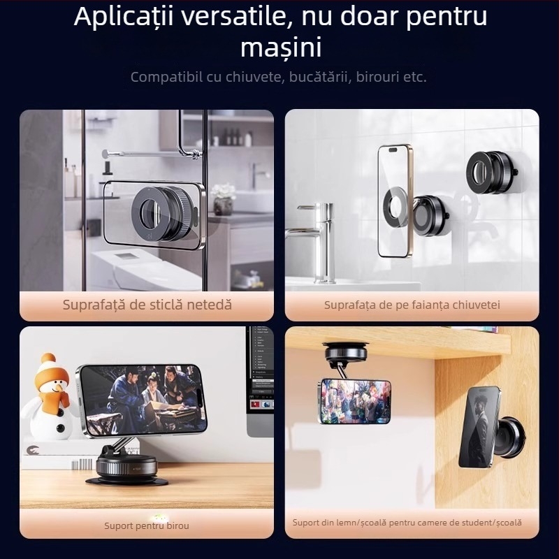 Suport magnetic pentru telefon în mașină cu ventuză, rotativ și pliabil, din aliaj