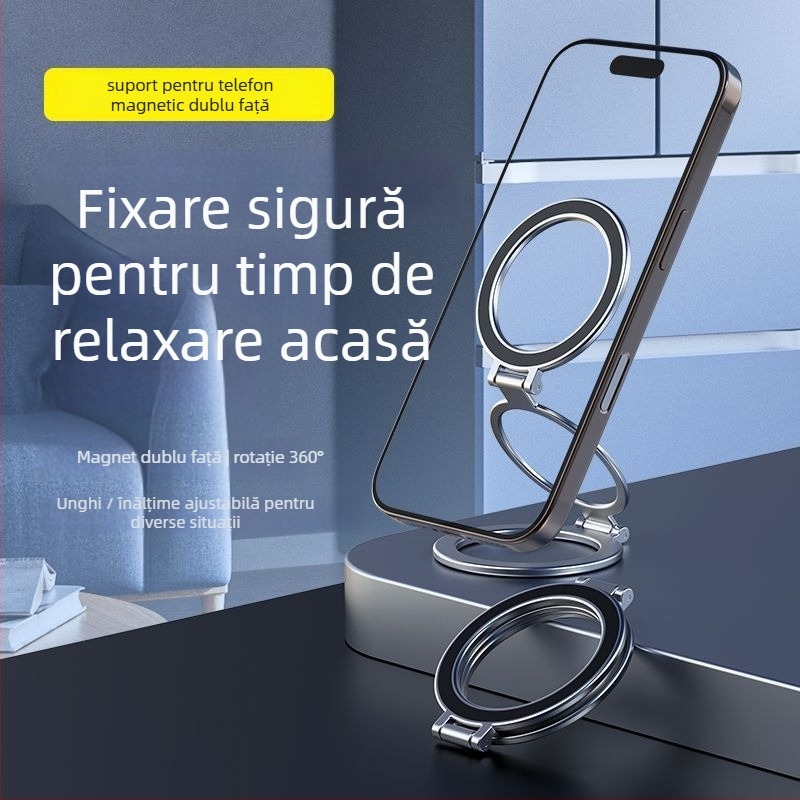 Suport de birou pentru telefon cu magnet dublu și MagSafe, rotire de 360°, construcție metalică, încărcare wireless